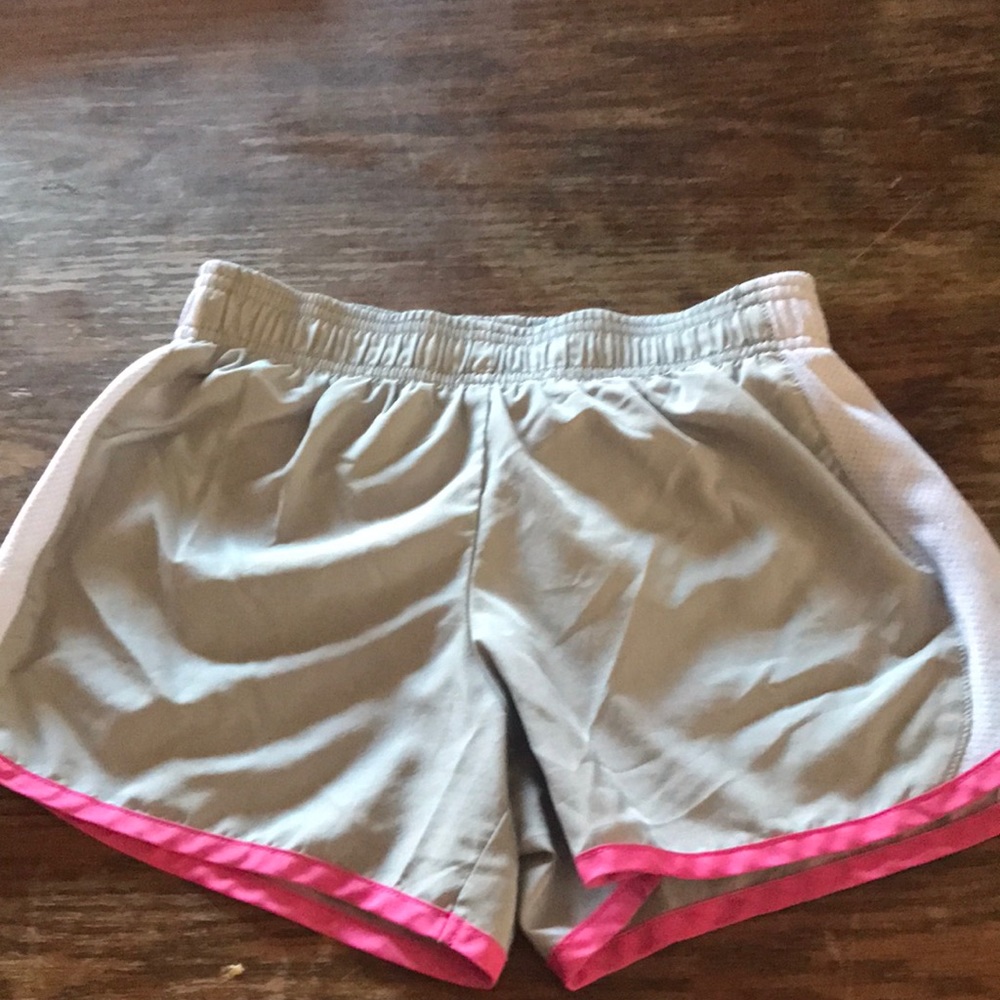 grey and pink athletic shorts